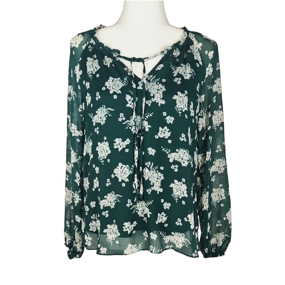 Lauren Conrad Blouse Top Green Floral Longsleeve Cottagecore Garden Party